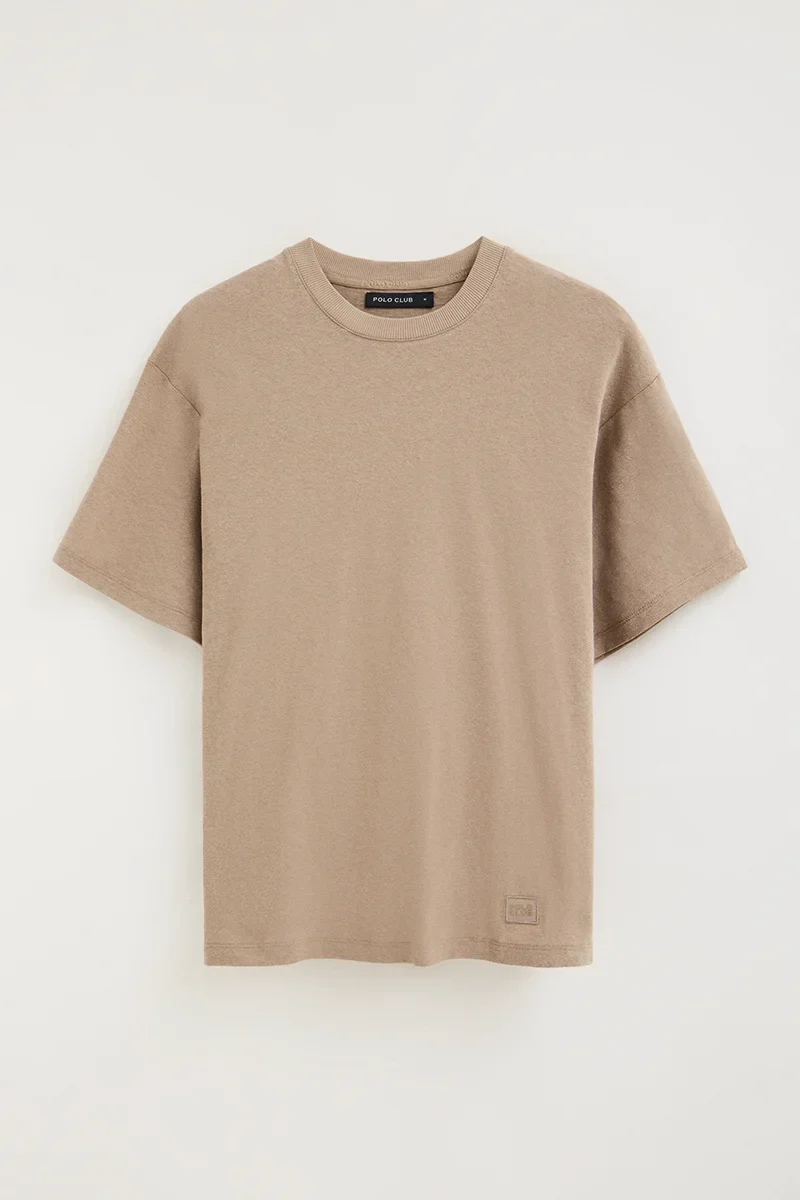Light-brown short-sleeve cotton-linen T-shirt with Polo Club logo - Image 9