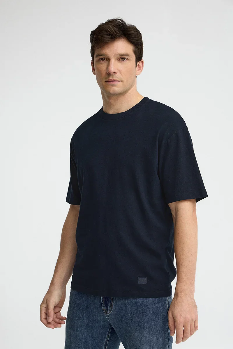 Navy-blue short-sleeve cotton-linen T-shirt with Polo Club logo - Image 2
