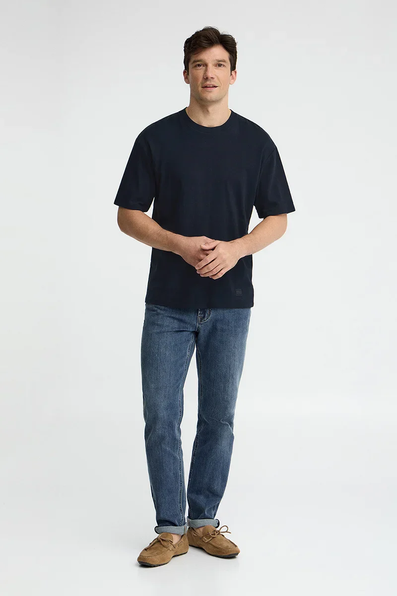 Navy-blue short-sleeve cotton-linen T-shirt with Polo Club logo - Image 4