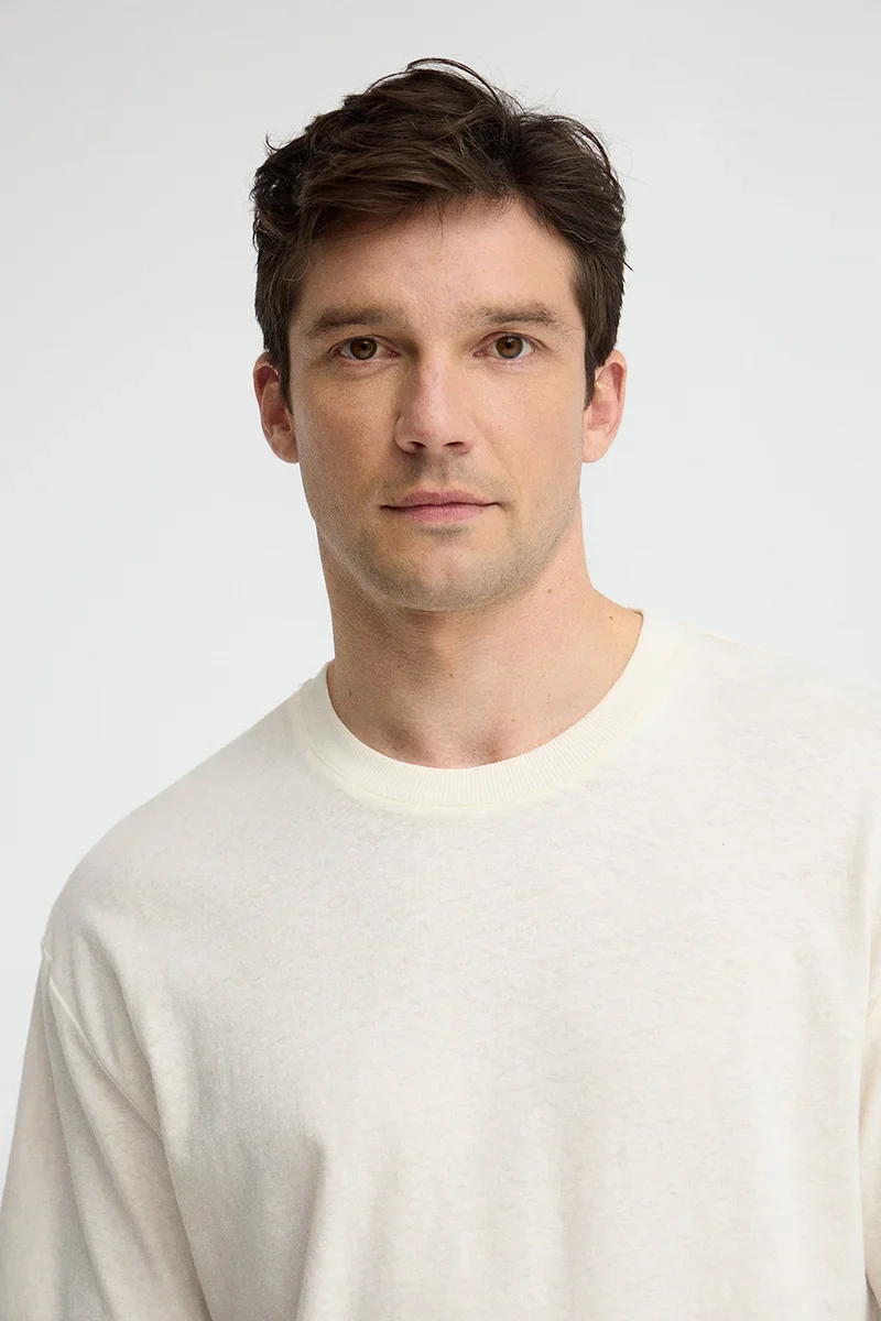 Nude short-sleeve cotton-linen T-shirt with Polo Club logo - Image 3
