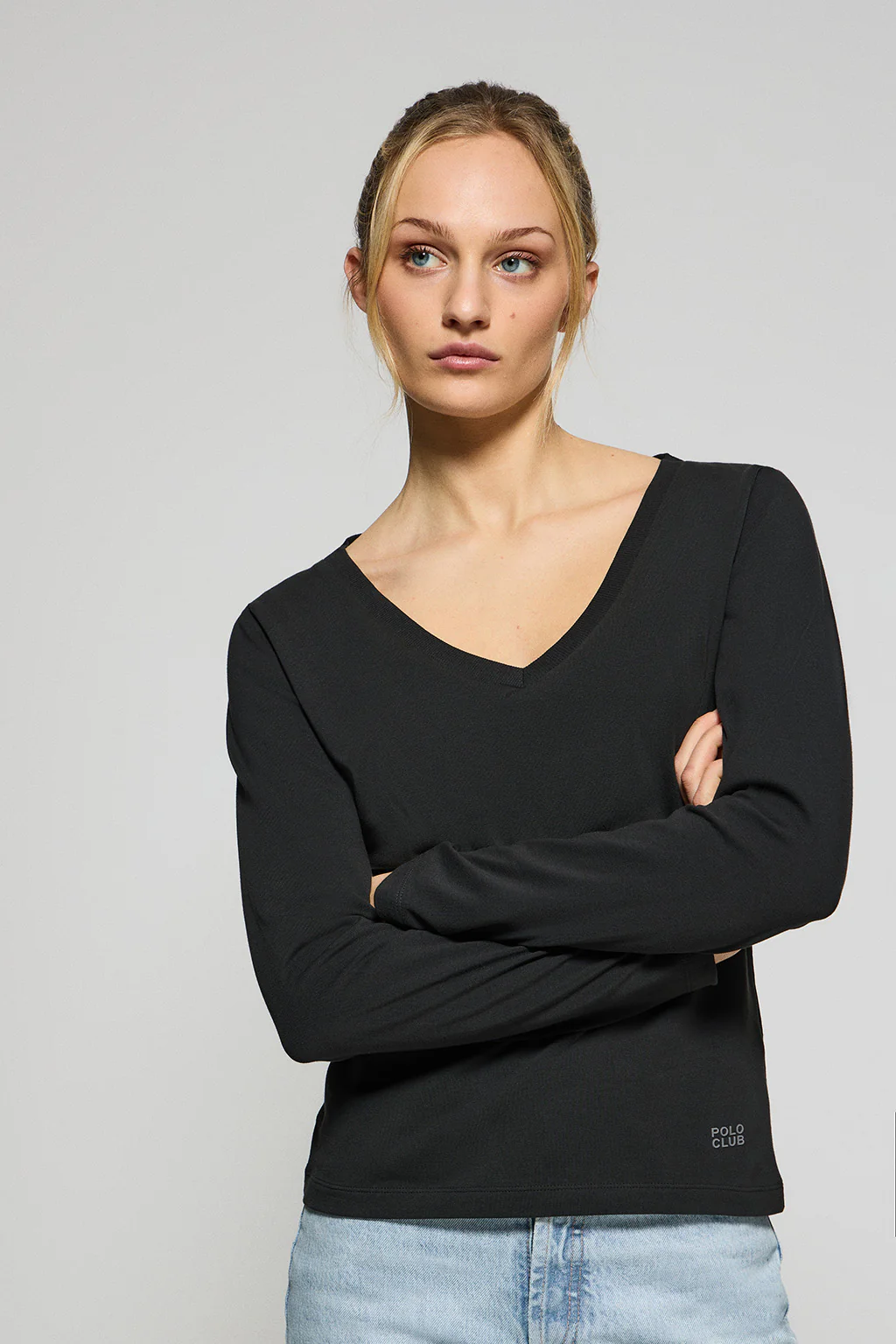 Black V-neck basic tee with rubber logo
