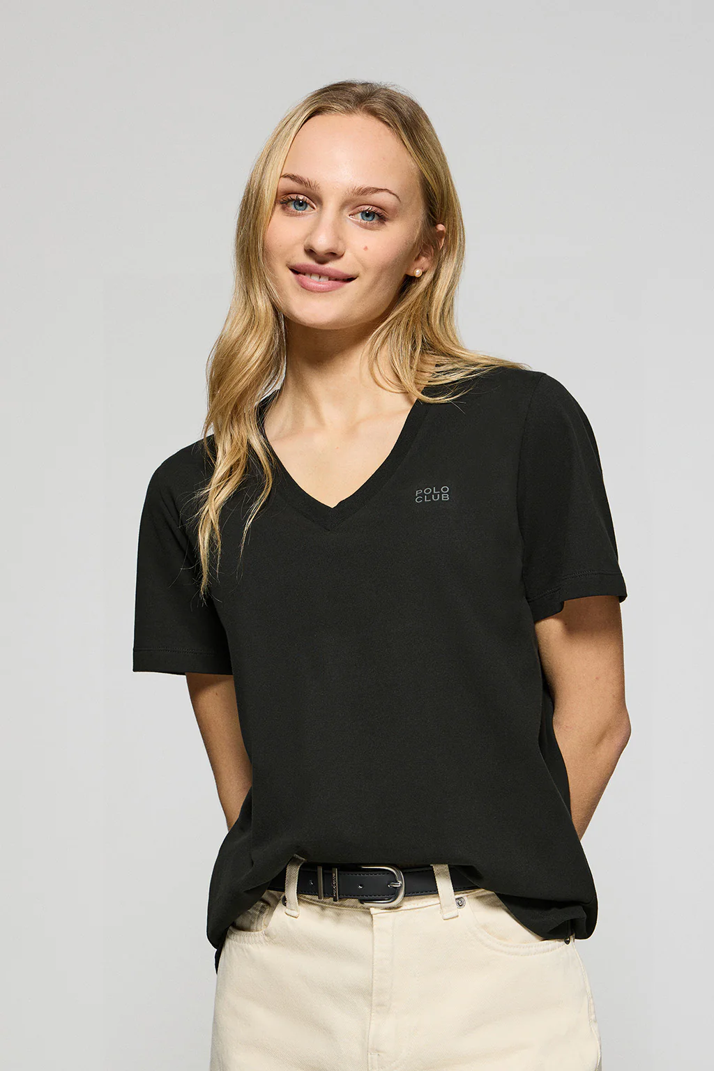 Black Turia tee with peach-skin finish and Polo Club rubberised print