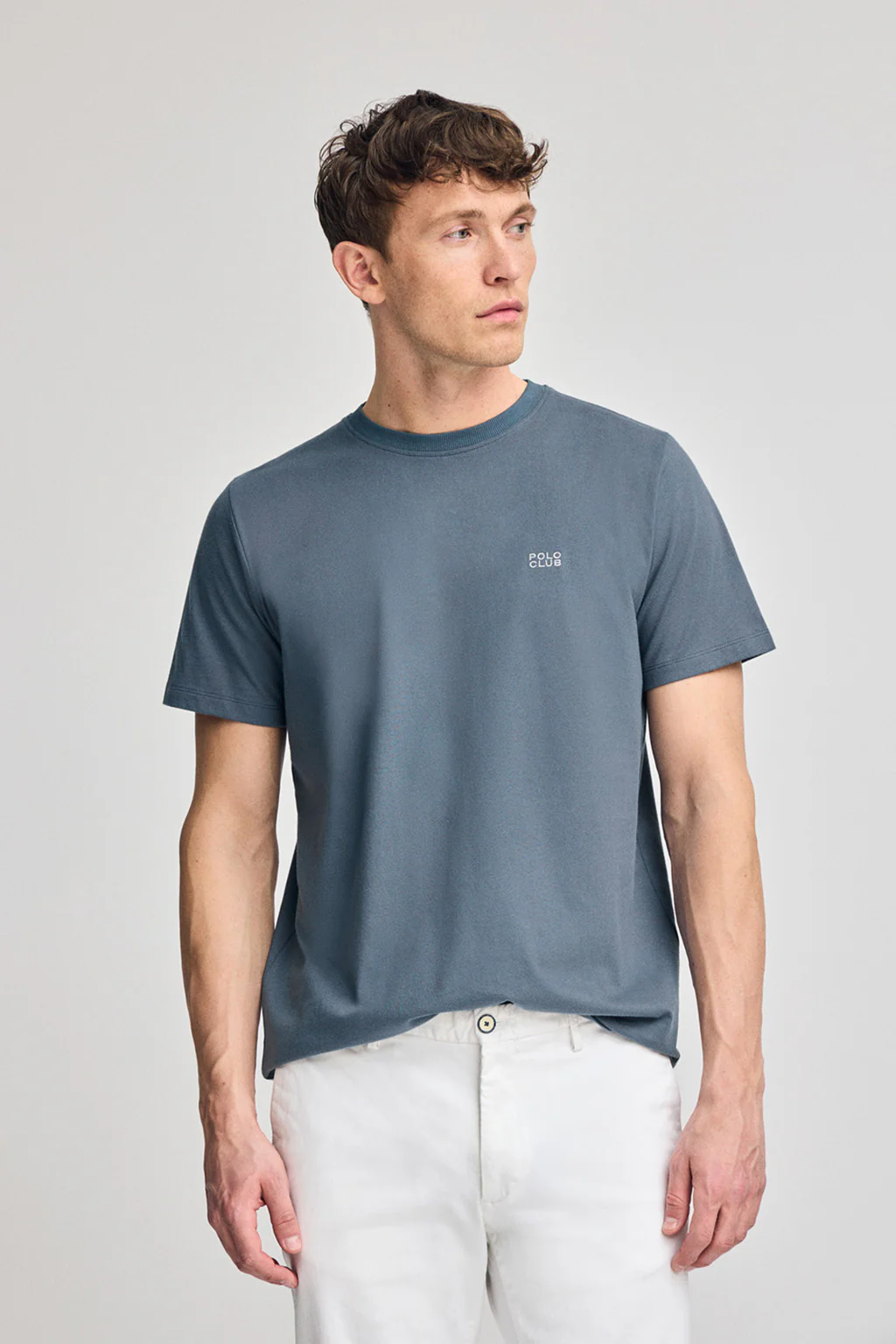 Denim-blue round-neck basic T-shirt with embroidered detail