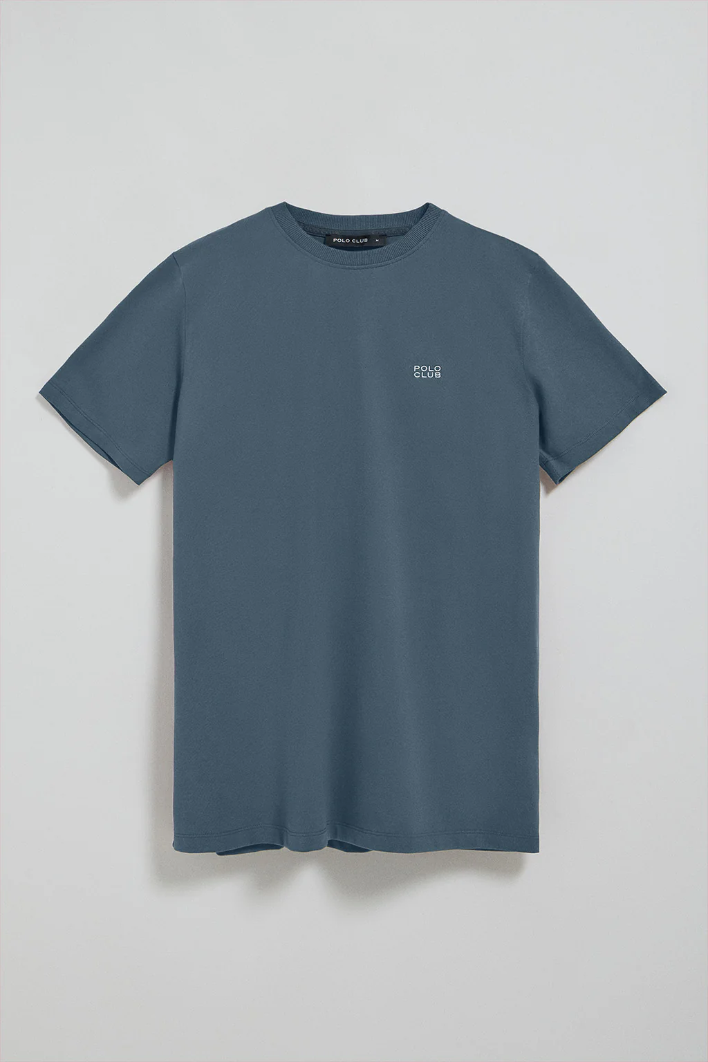Denim-blue round-neck basic T-shirt with embroidered detail - Image 5