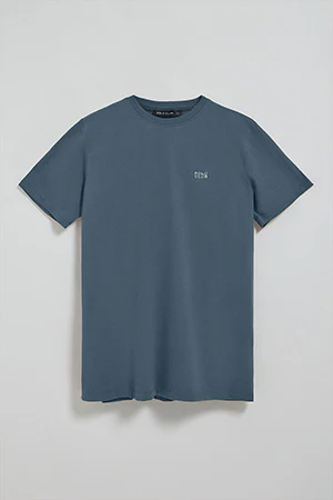 Denim-blue round-neck basic T-shirt with embroidered detail - Image 8