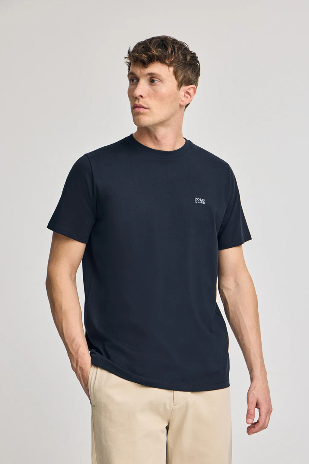 Navy-blue round-neck basic T-shirt with embroidered detail