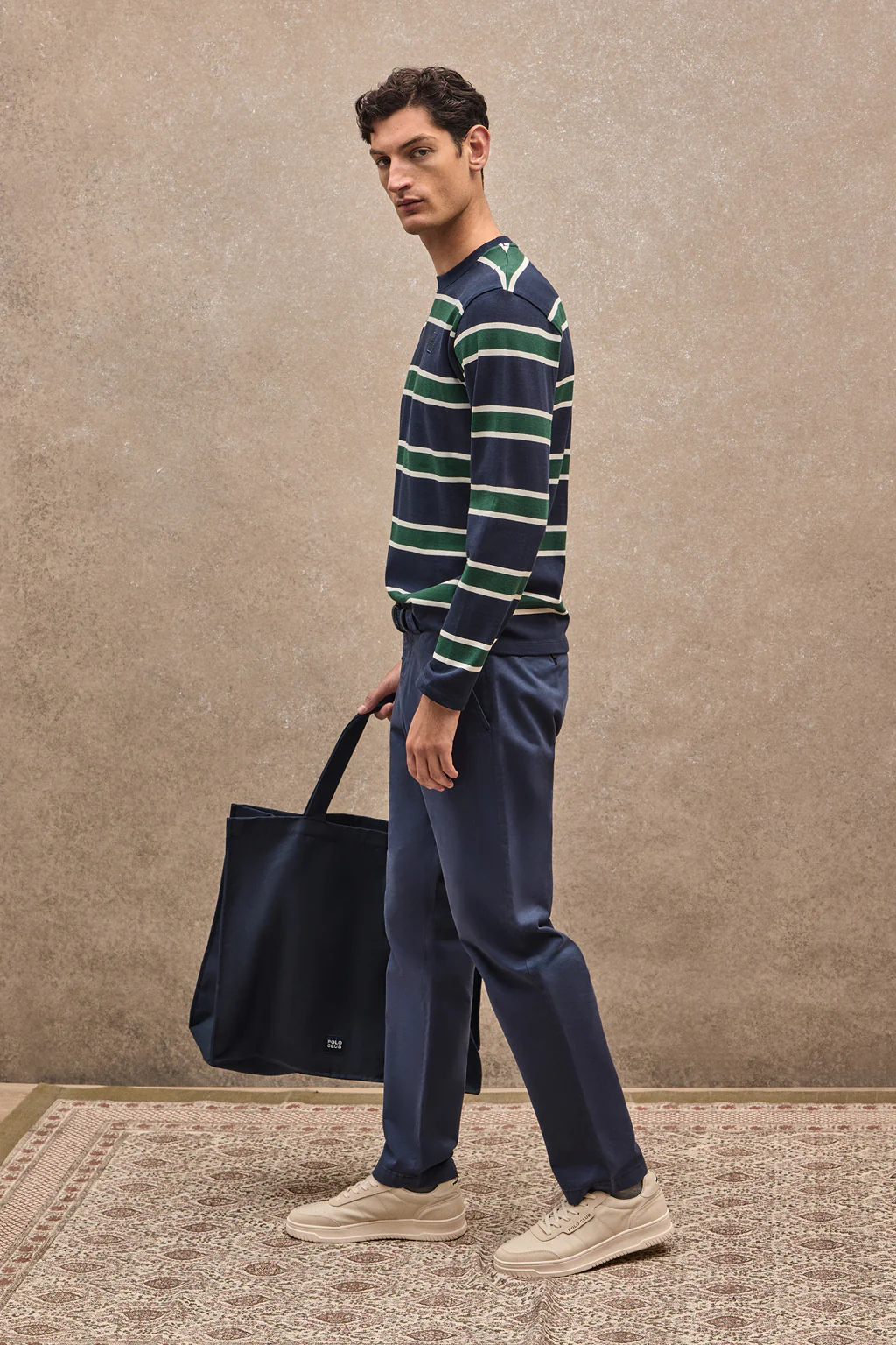 Striped T-shirt Carter in navy blue and bottle green with Polo Club branded patch - Image 2