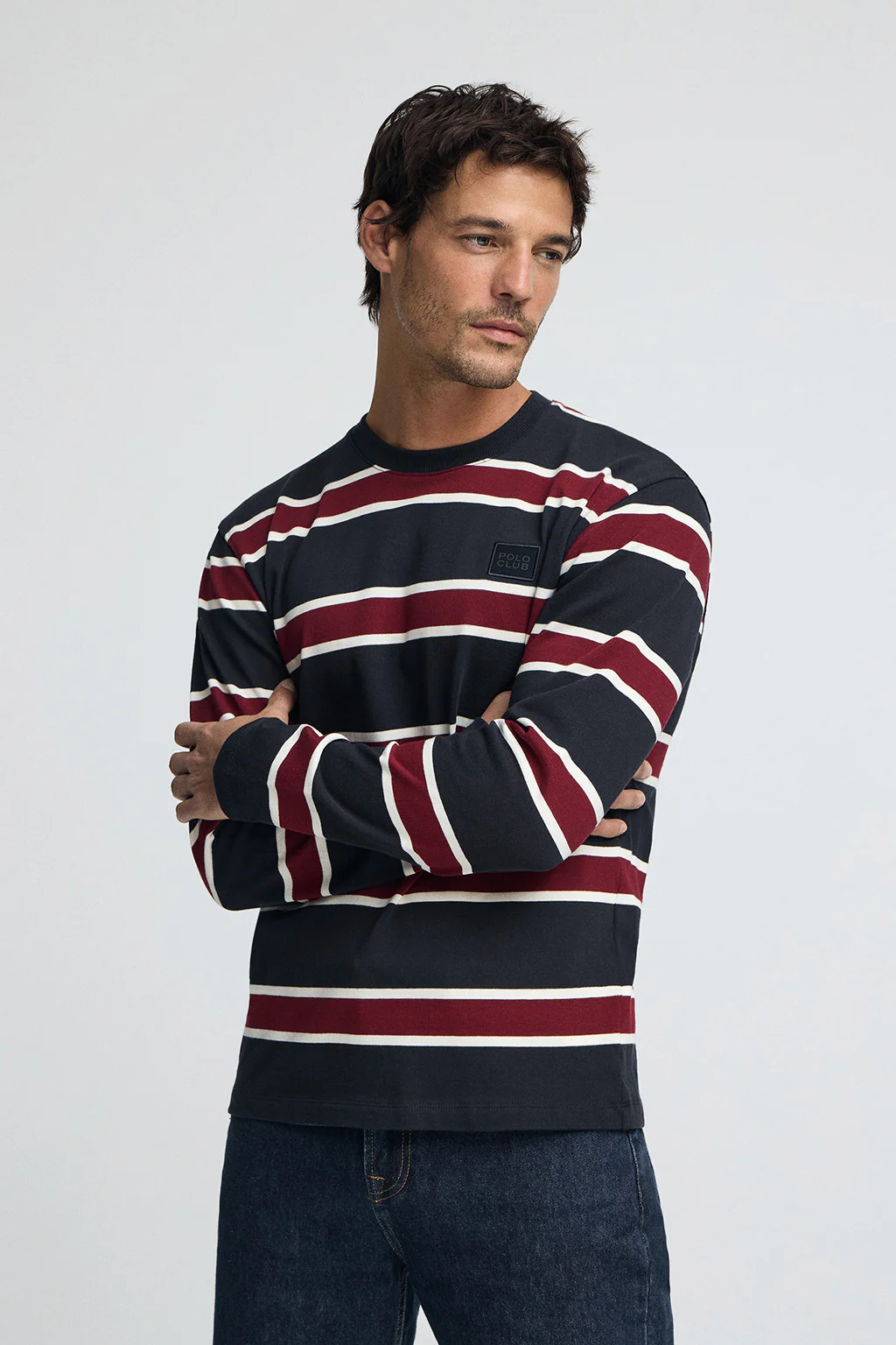 Striped T-shirt Carter in navy blue and maroon with Polo Club branded patch