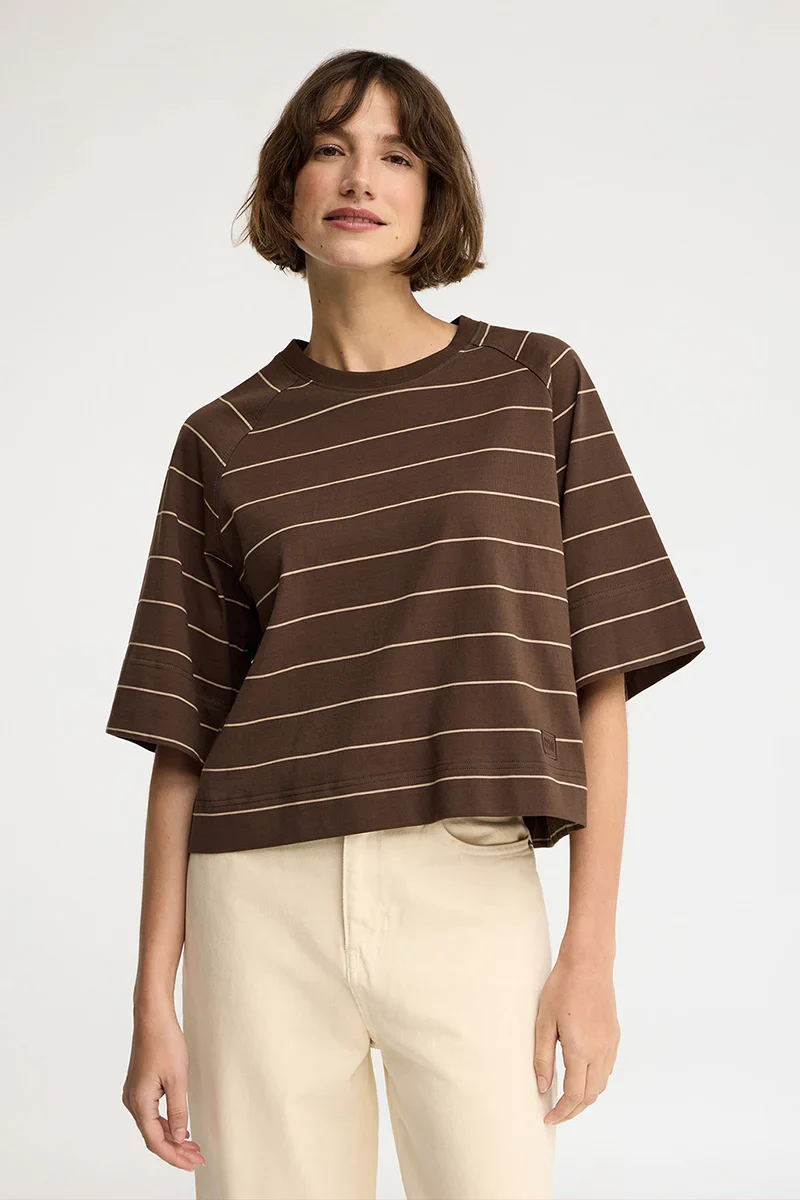 Striped T-shirt in chocolate and light brown with boxy fit and Polo Club patch