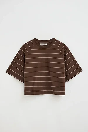 Striped T-shirt in chocolate and light brown with boxy fit and Polo Club patch - Image 10