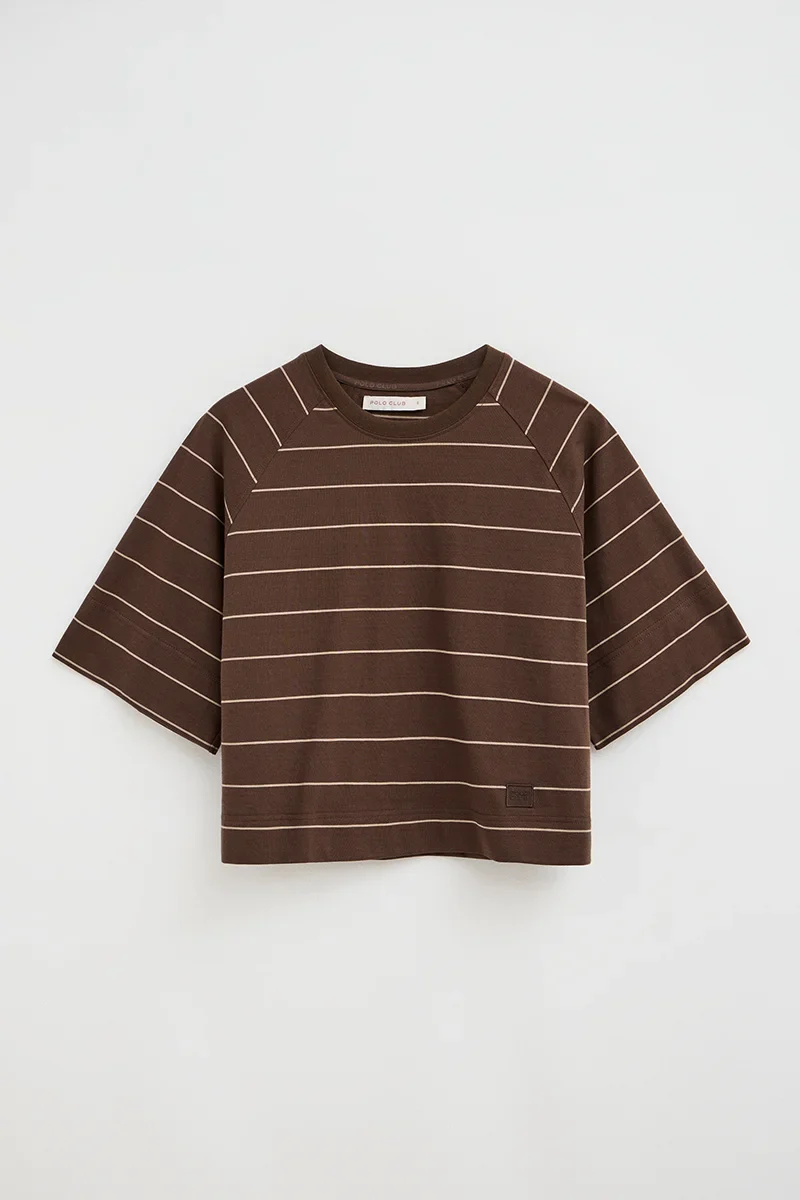 Striped T-shirt in chocolate and light brown with boxy fit and Polo Club patch - Image 6