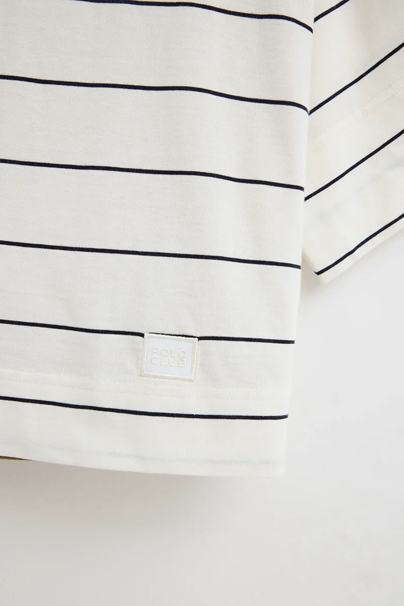 Striped T-shirt in nude and navy blue with boxy fit and Polo Club patch - Image 7
