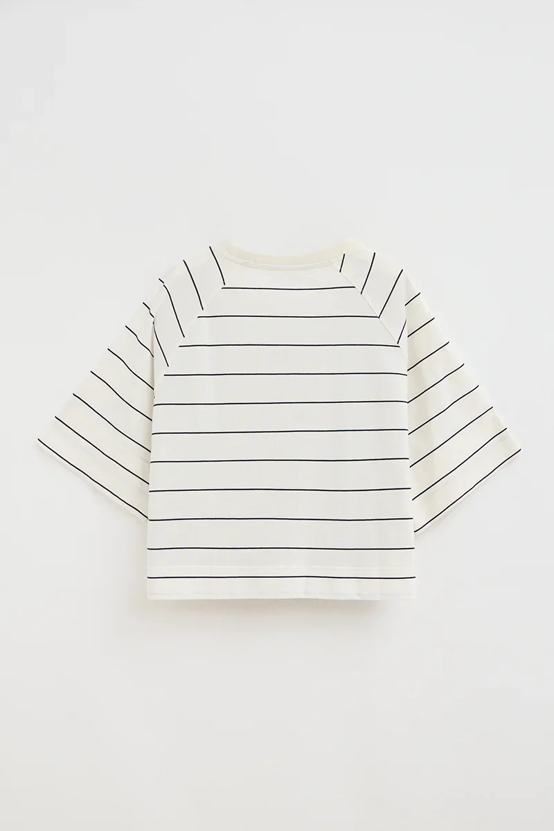 Striped T-shirt in nude and navy blue with boxy fit and Polo Club patch - Image 8