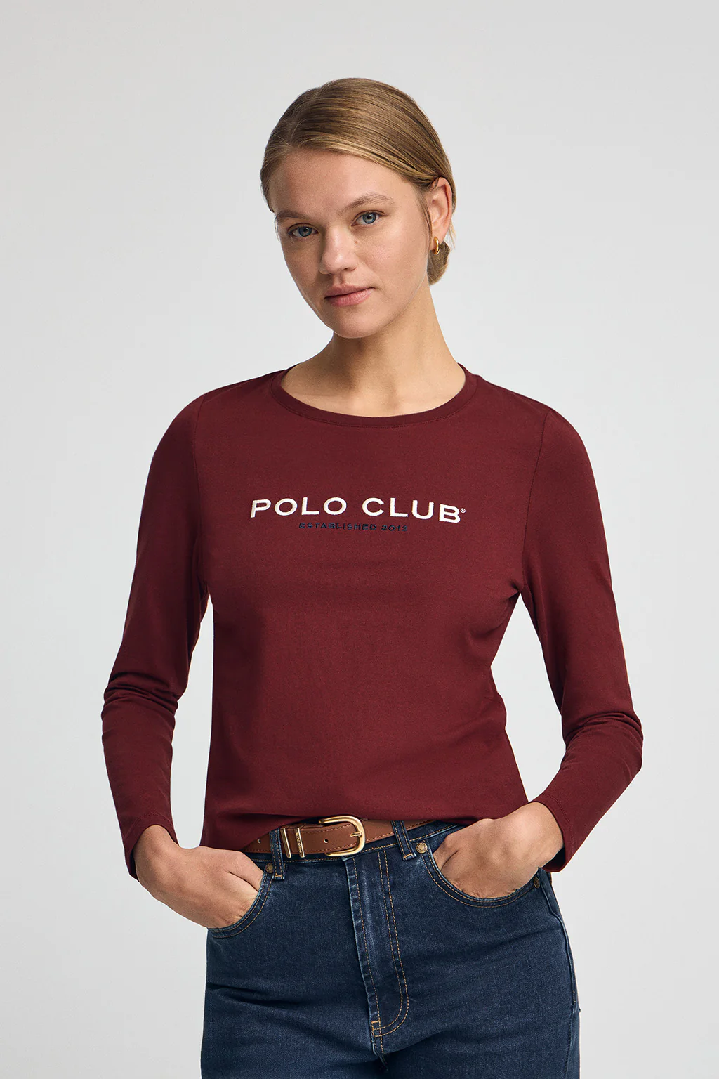 Maroon long-sleeve T-shirt with Polo Club Established 2012 embroidered logo - Image 2