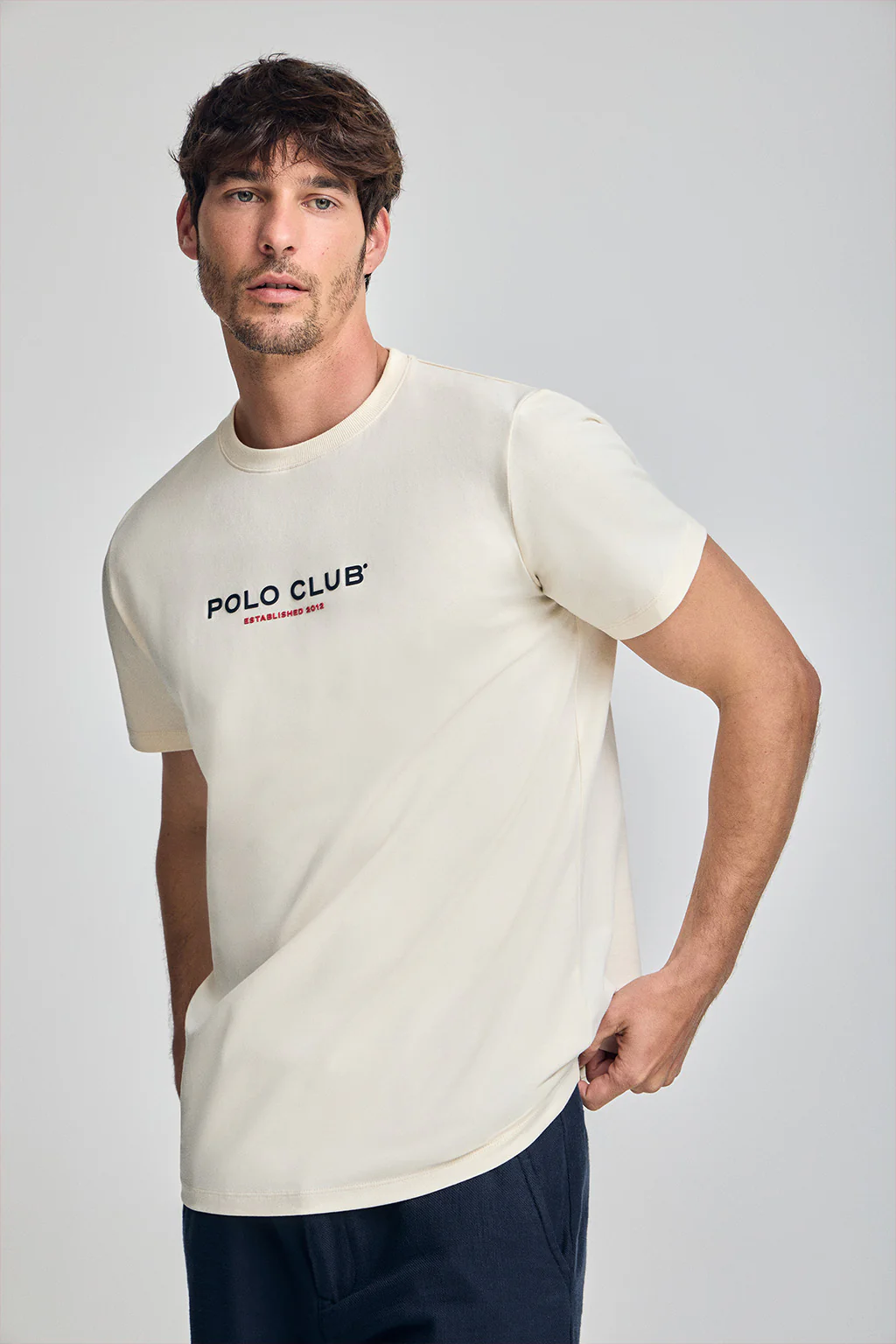Nude round-neck T-shirt with rubber logo