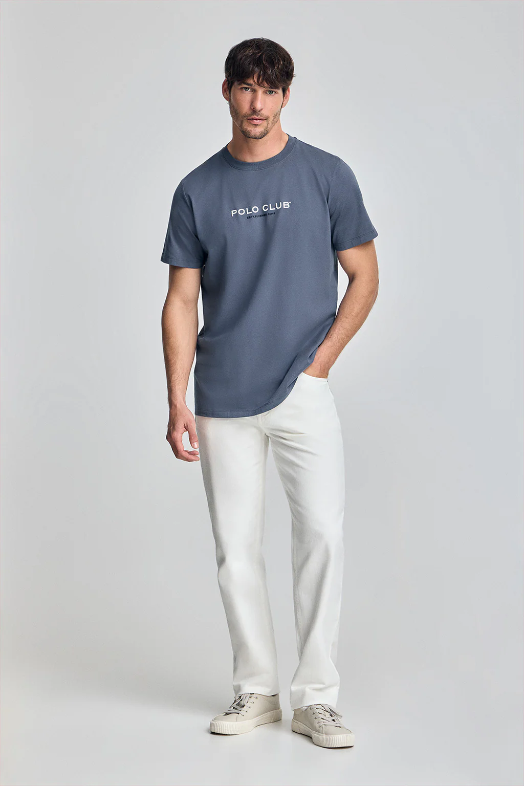 Denim-blue round-neck T-shirt with rubber logo - Image 4