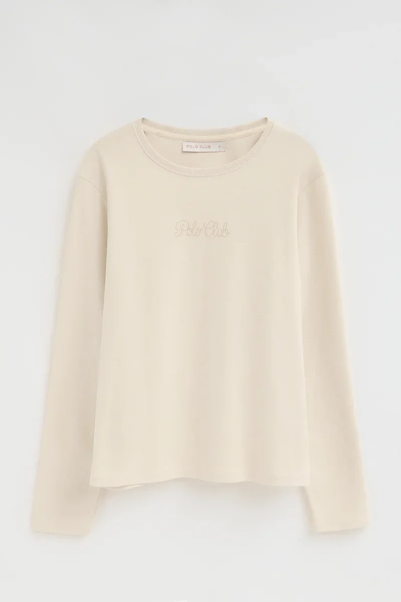 Cream long-sleeve T-shirt with Polo Club rhinestones - Image 6