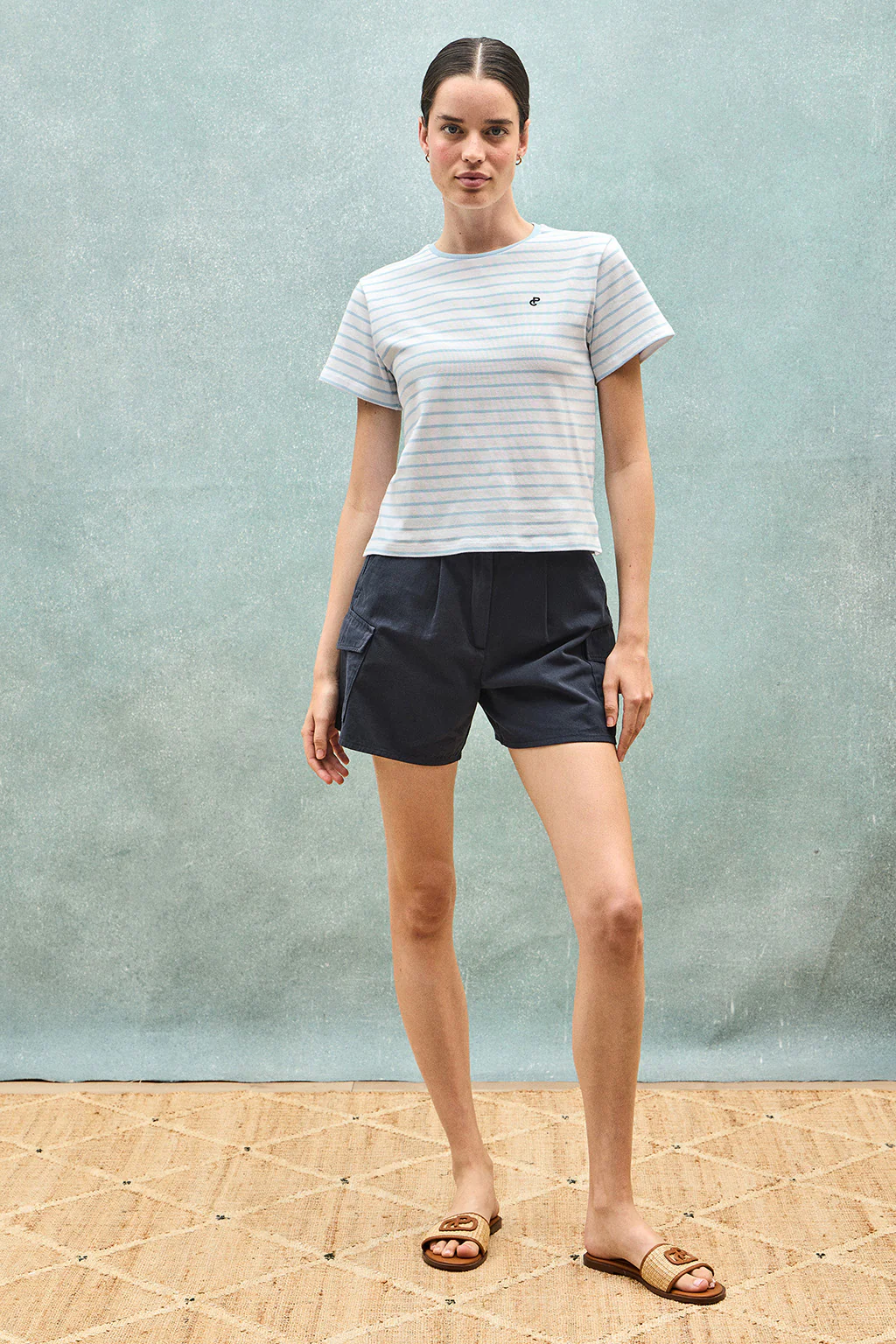 Light-blue and beige striped T-shirt with embroidered monogram - Image 10