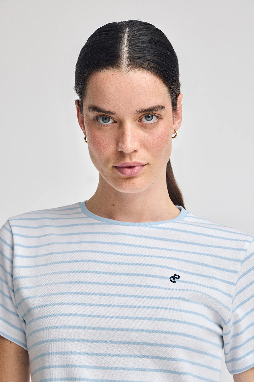 Light-blue and beige striped T-shirt with embroidered monogram - Image 3