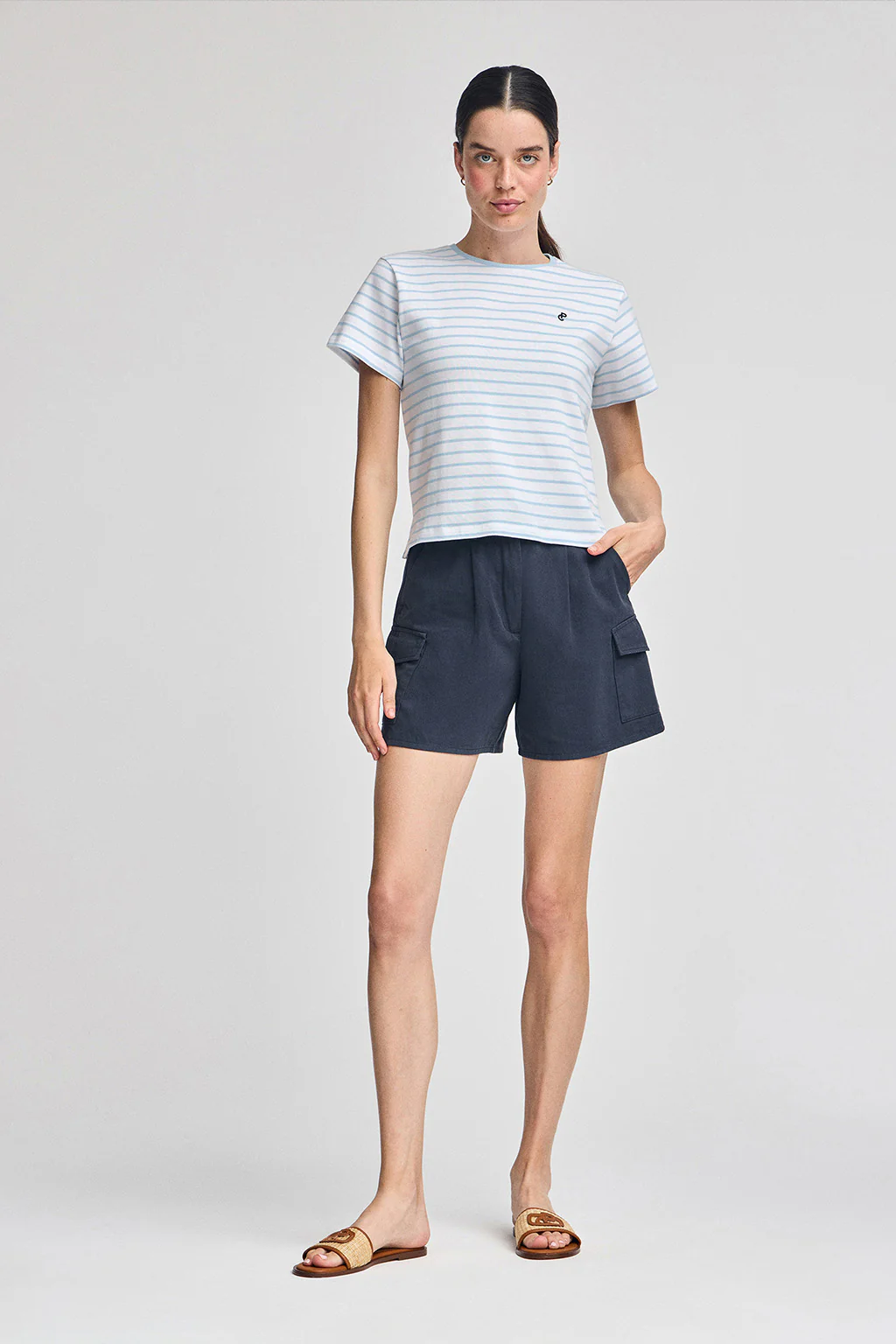 Light-blue and beige striped T-shirt with embroidered monogram - Image 4
