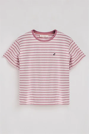 Dusty-pink and beige striped T-shirt with embroidered monogram - Image 8
