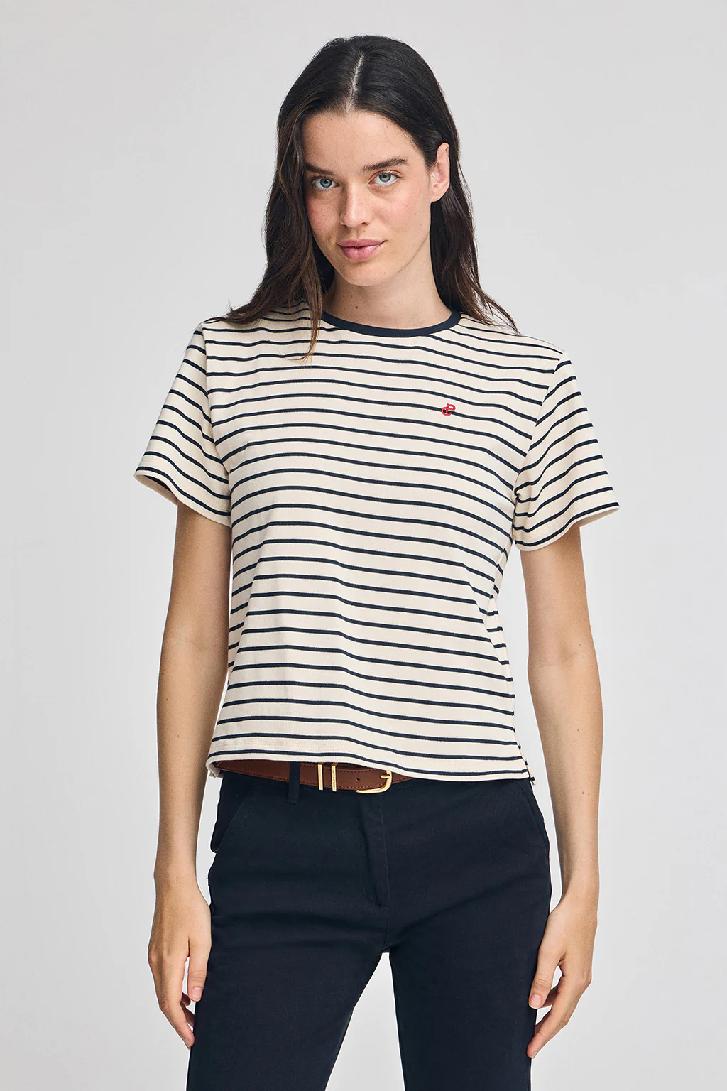 Navy-blue and beige striped T-shirt with embroidered monogram