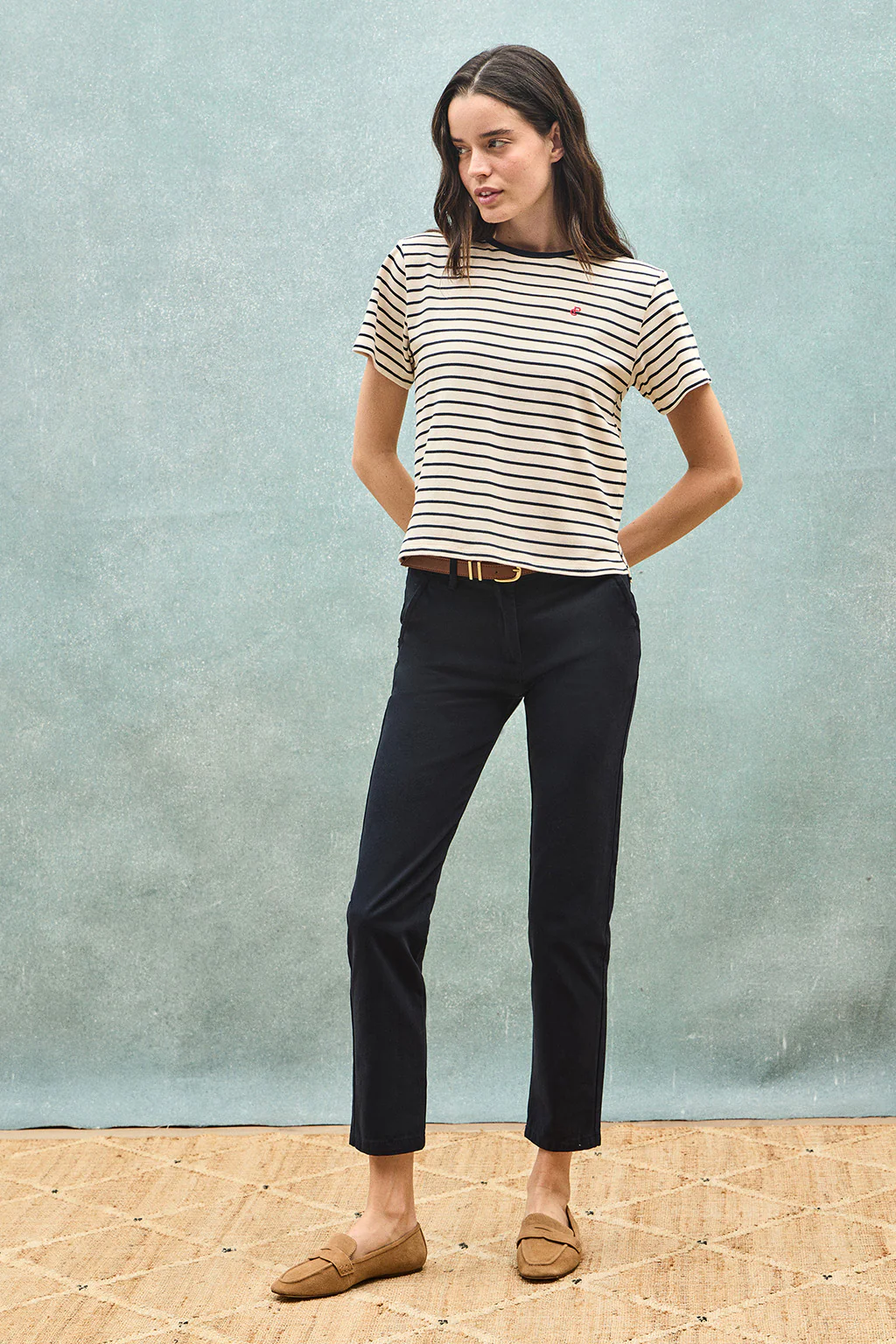 Navy-blue and beige striped T-shirt with embroidered monogram - Image 10