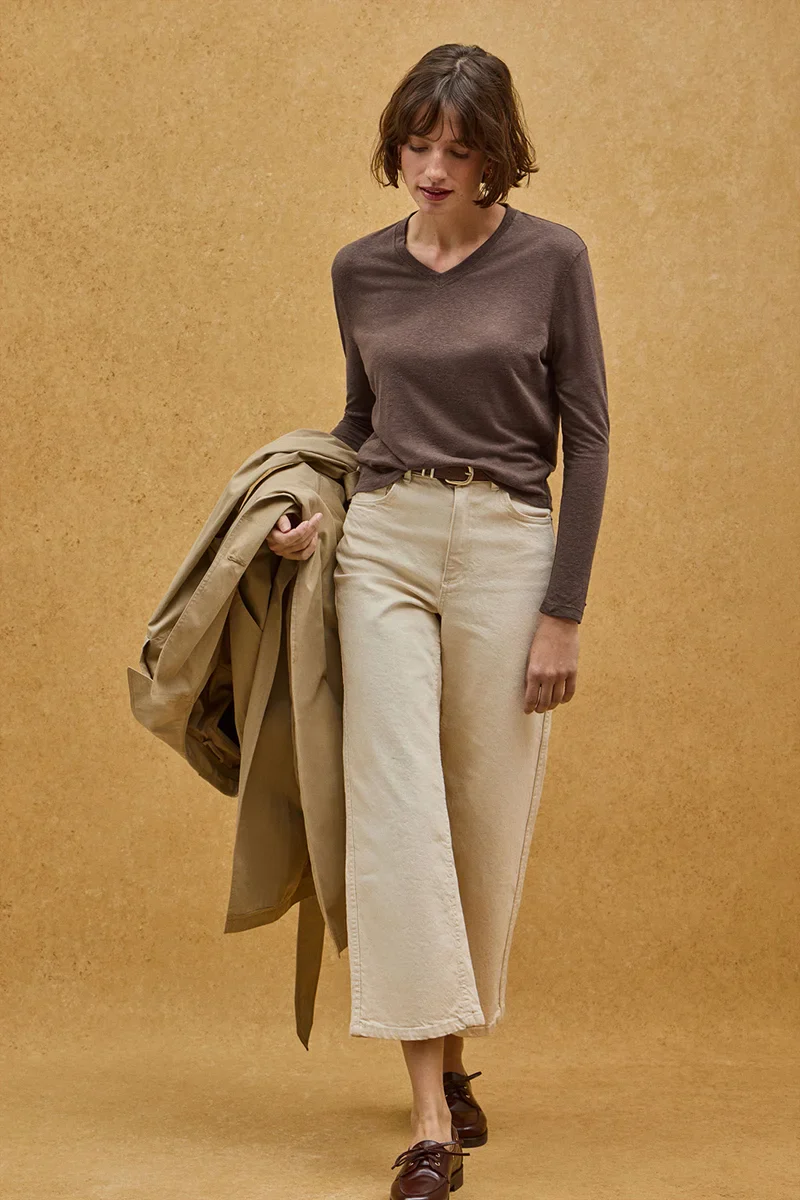 Chocolate long-sleeve linen-blend T-shirt with Polo Club logo - Image 2