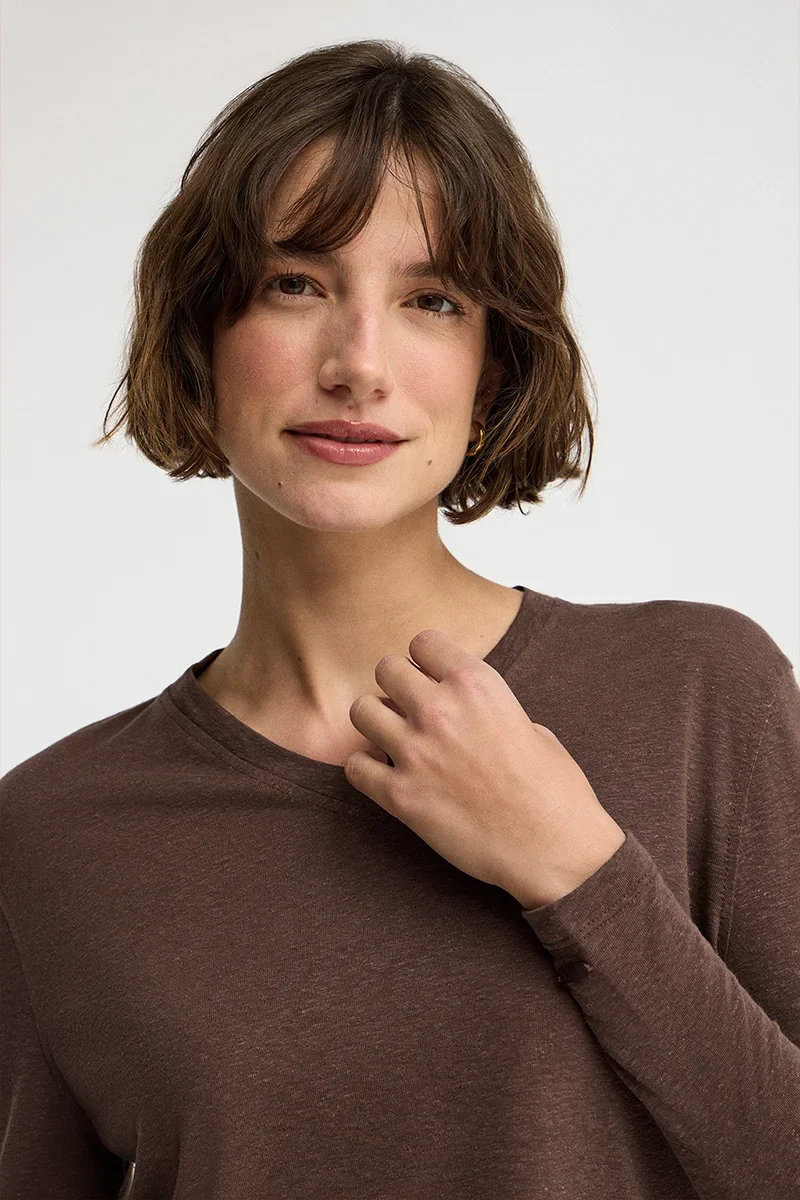 Chocolate long-sleeve linen-blend T-shirt with Polo Club logo - Image 3