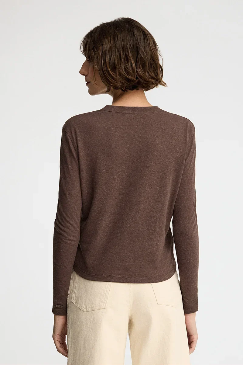 Chocolate long-sleeve linen-blend T-shirt with Polo Club logo - Image 5