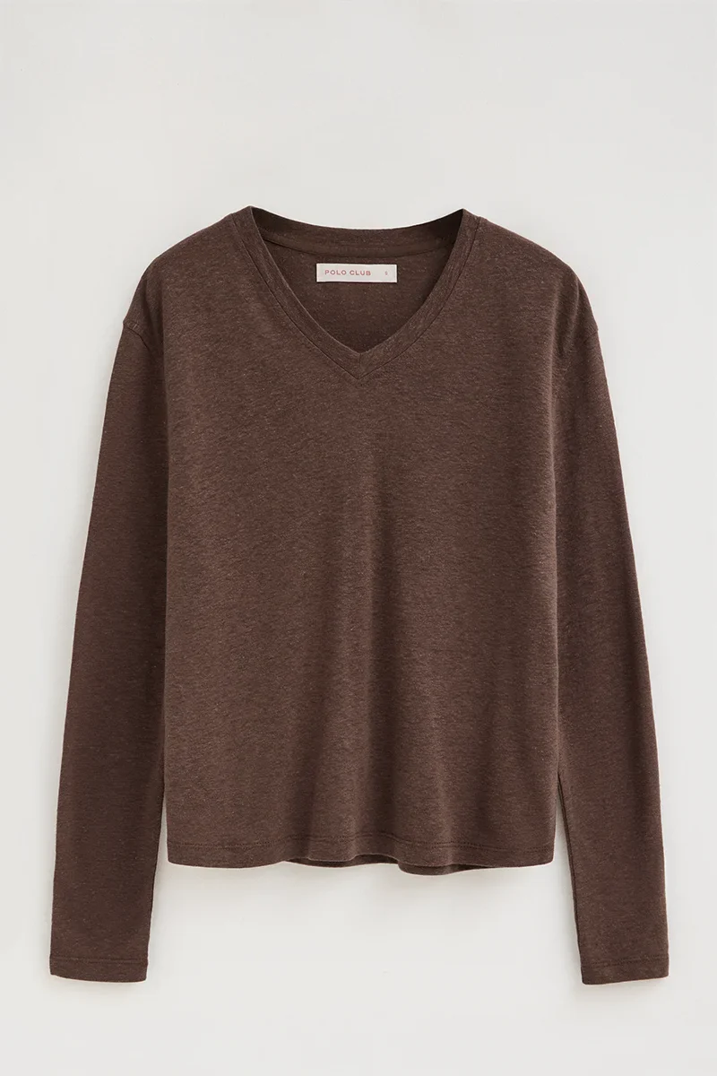 Chocolate long-sleeve linen-blend T-shirt with Polo Club logo - Image 9