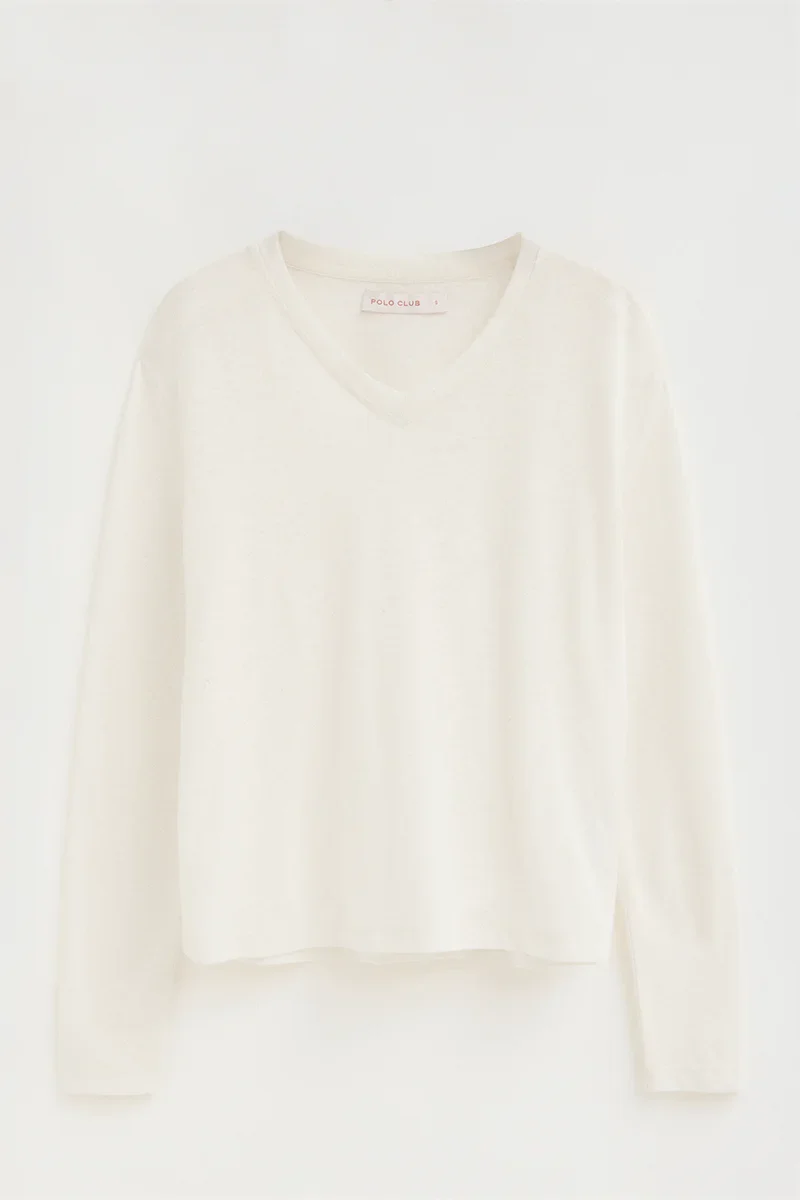 Nude long-sleeve linen-blend T-shirt with Polo Club logo - Image 6