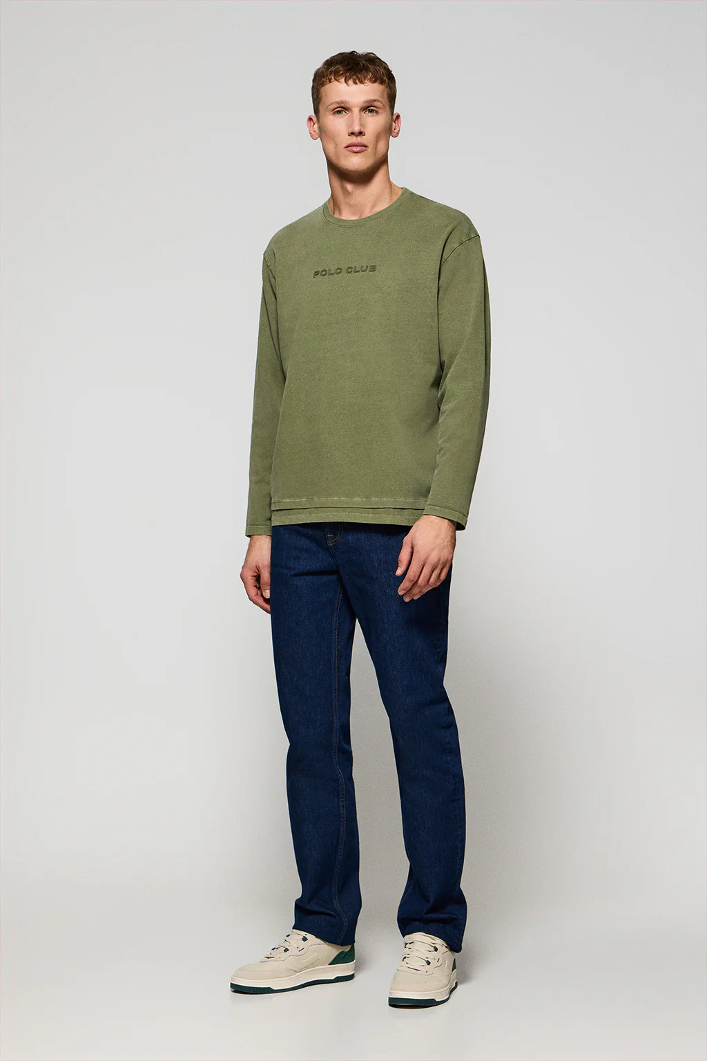 Khaki long-sleeve tee Hermes with Rigby Go rubber logo - Image 3