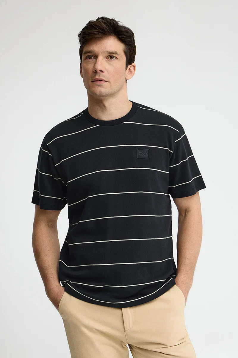 Striped T-shirt in navy blue and light yellow with Polo Club patch - Image 2