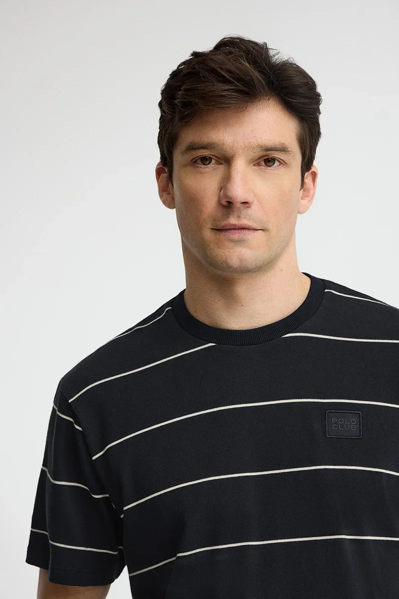 Striped T-shirt in navy blue and light yellow with Polo Club patch - Image 3