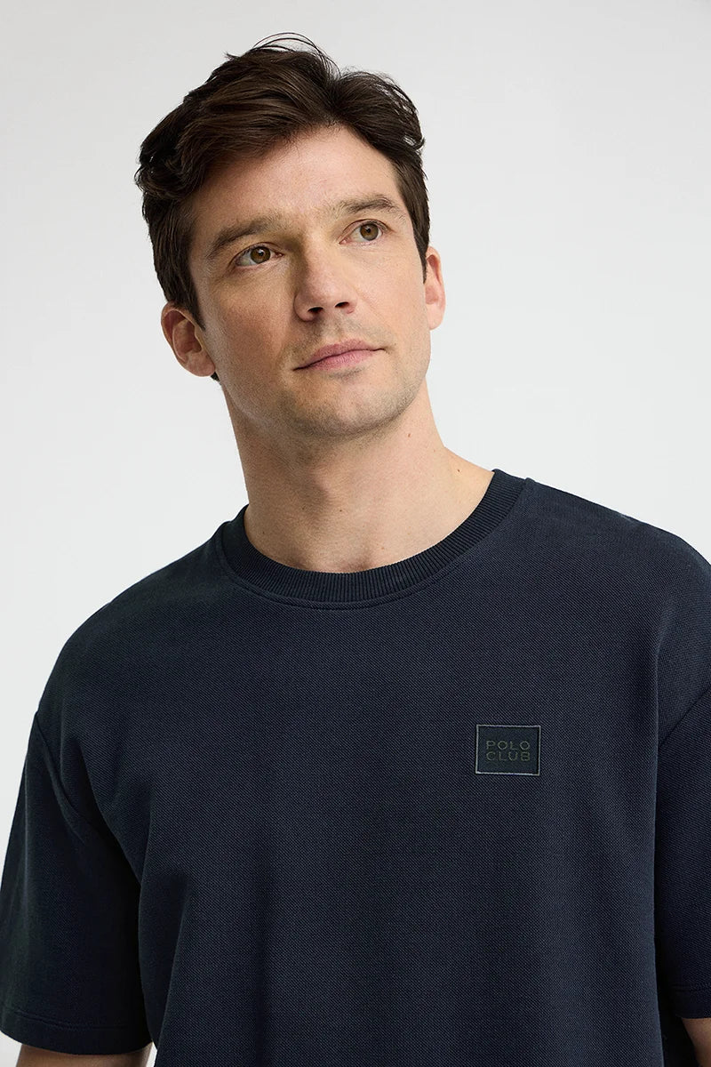 Navy-blue micro-textured T-shirt with Polo Club patch - Image 3