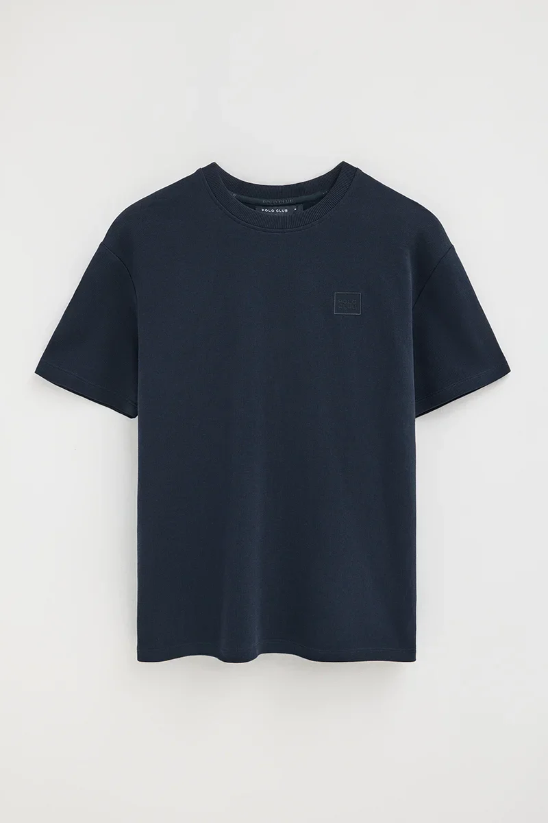 Navy-blue micro-textured T-shirt with Polo Club patch - Image 9