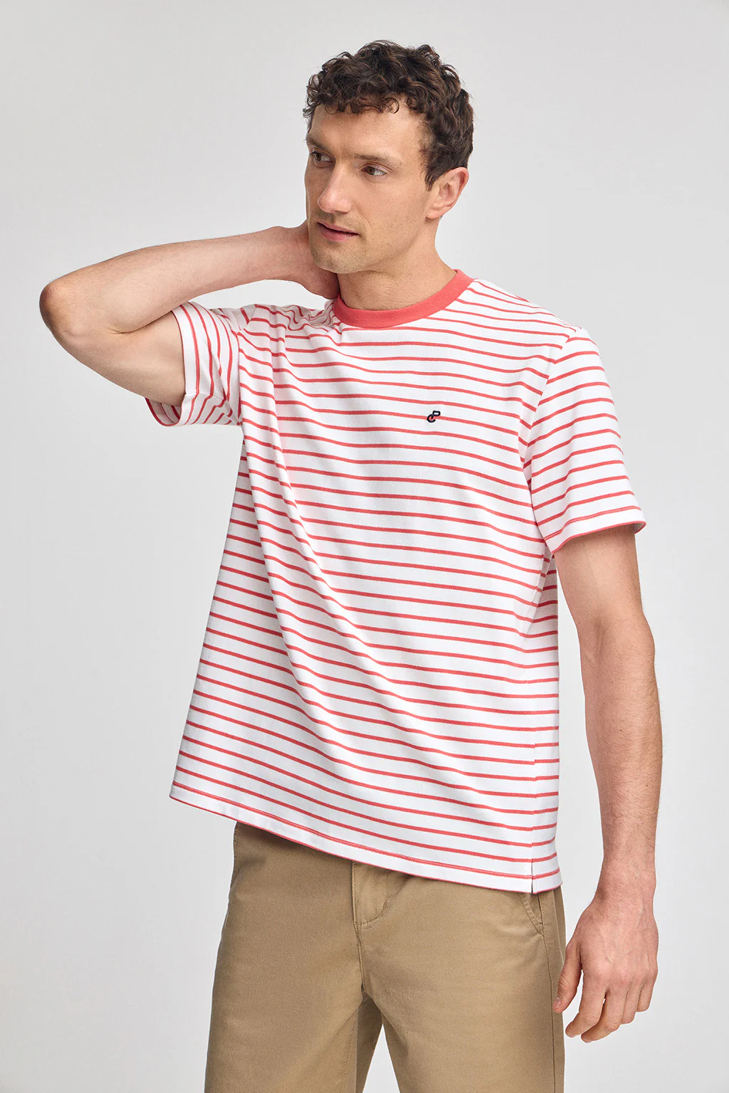 Coral and beige striped T-shirt with embroidered monogram