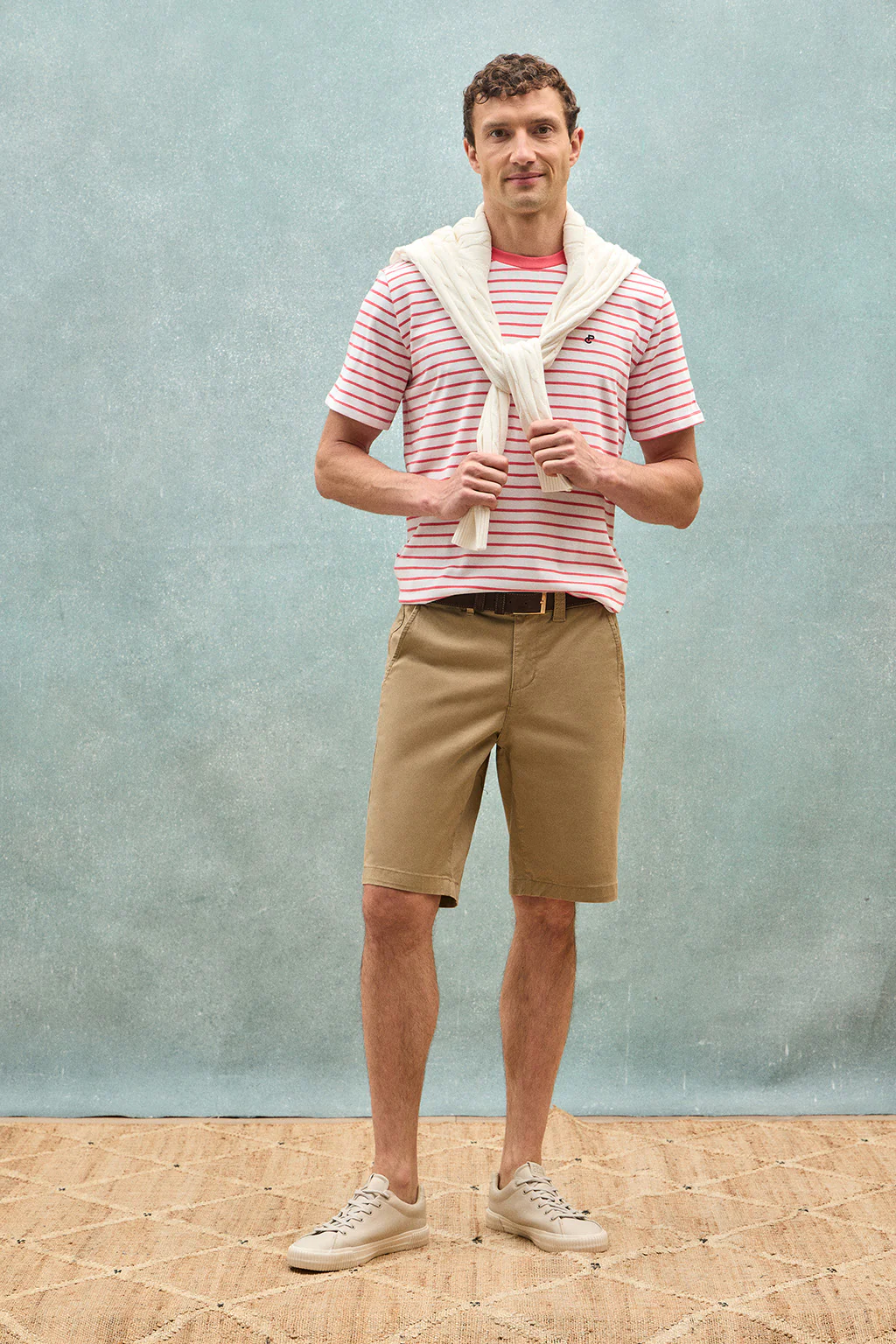 Coral and beige striped T-shirt with embroidered monogram - Image 11