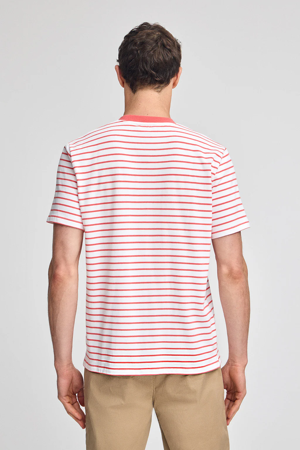 Coral and beige striped T-shirt with embroidered monogram - Image 2