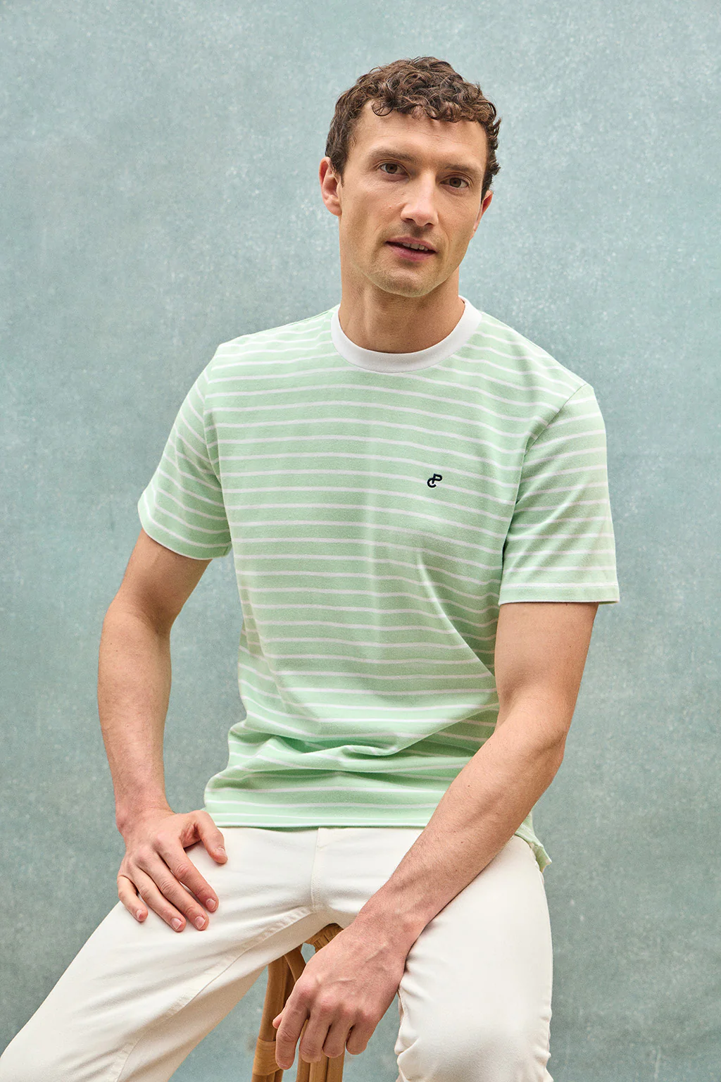 Mint and beige striped T-shirt with embroidered monogram - Image 11