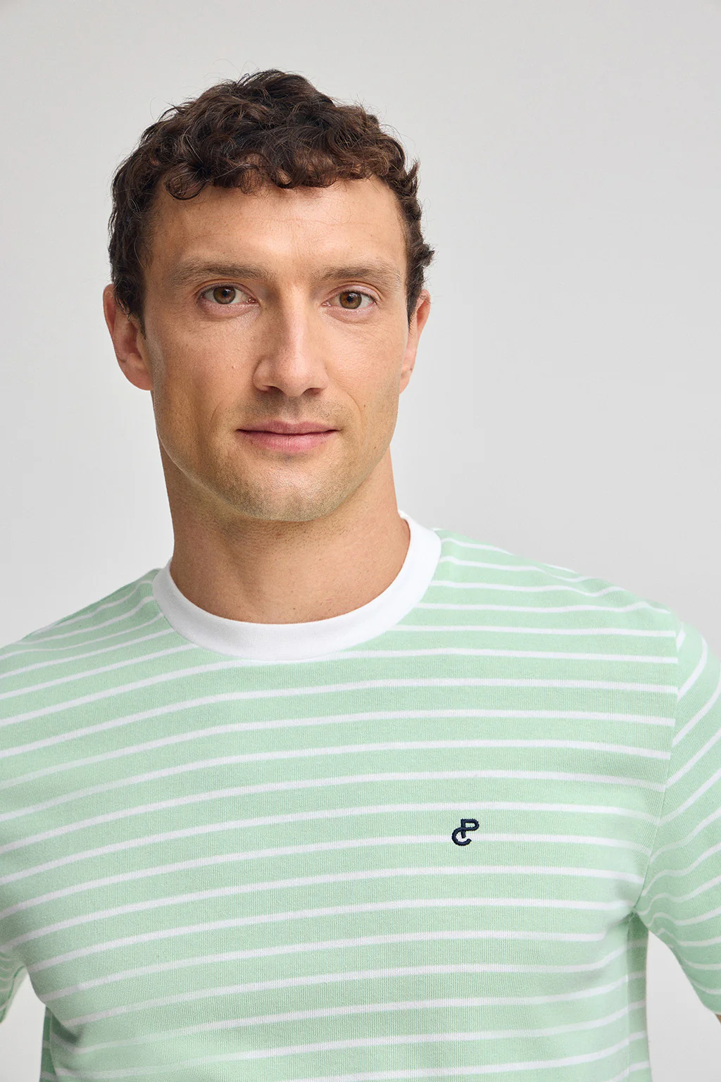 Mint and beige striped T-shirt with embroidered monogram - Image 3