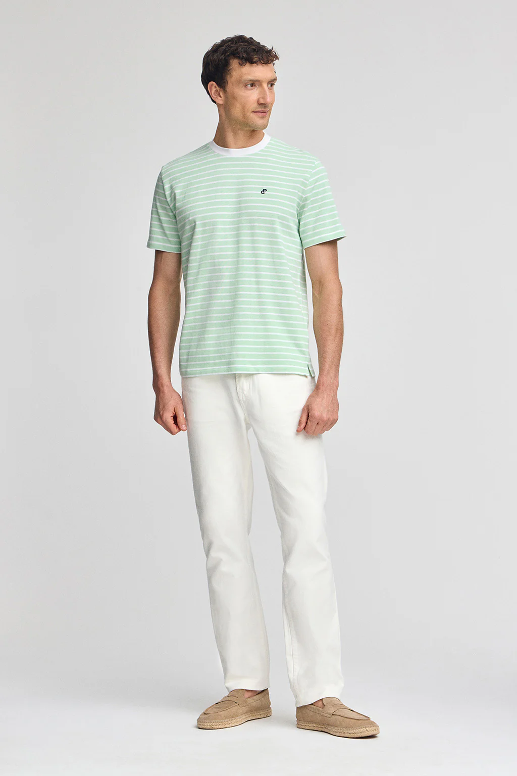 Mint and beige striped T-shirt with embroidered monogram - Image 4