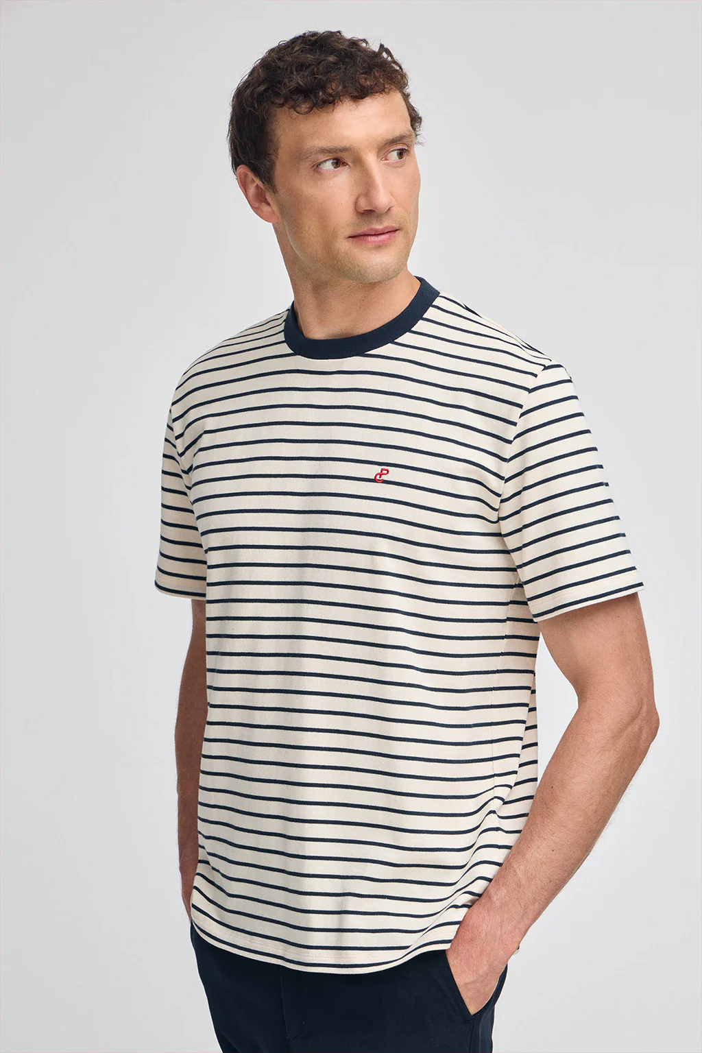 Navy-blue and beige striped T-shirt with embroidered monogram