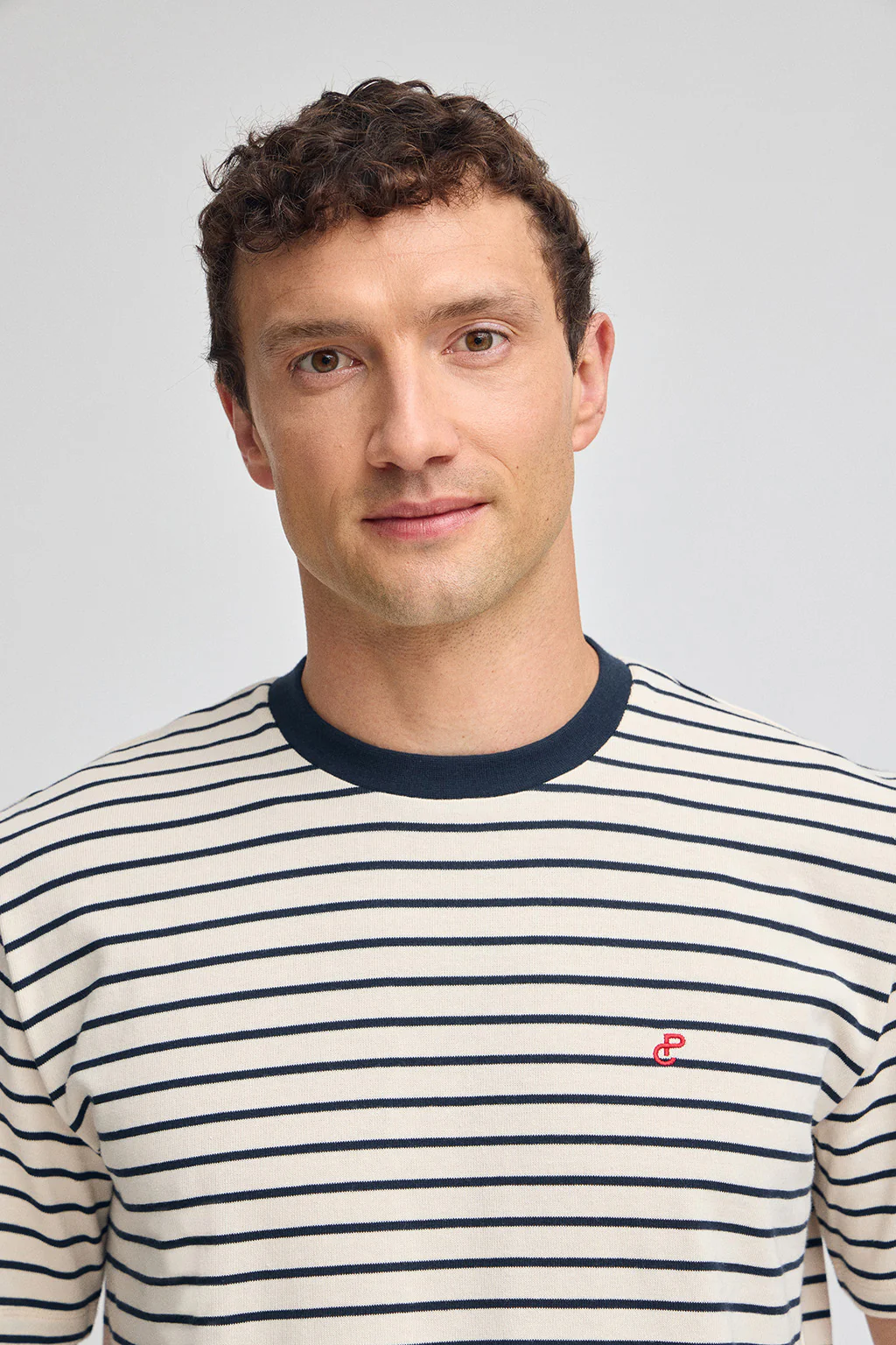 Navy-blue and beige striped T-shirt with embroidered monogram - Image 3