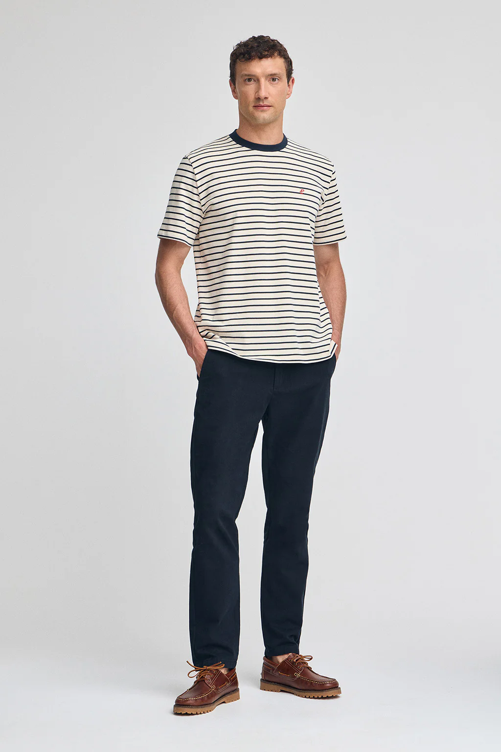 Navy-blue and beige striped T-shirt with embroidered monogram - Image 4