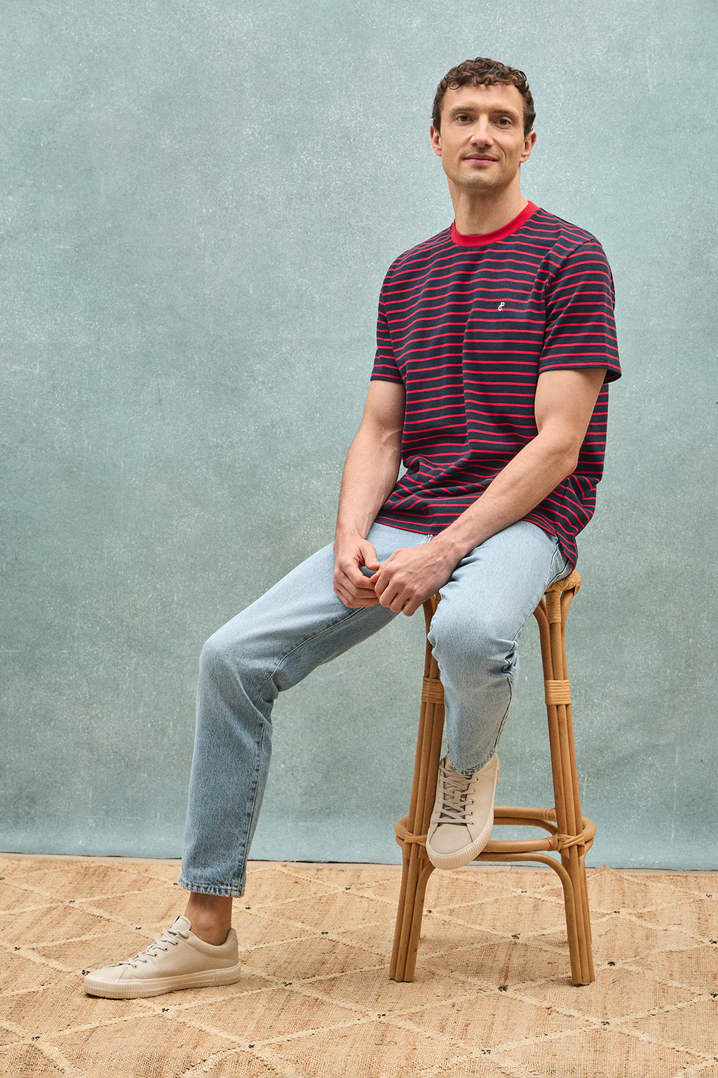 Navy-blue and red striped T-shirt with embroidered monogram