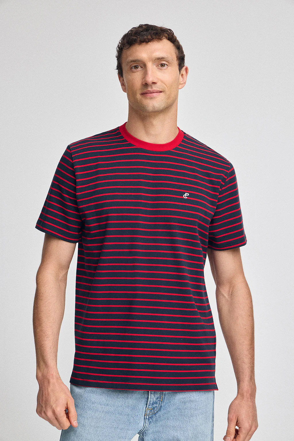 Navy-blue and red striped T-shirt with embroidered monogram - Image 2
