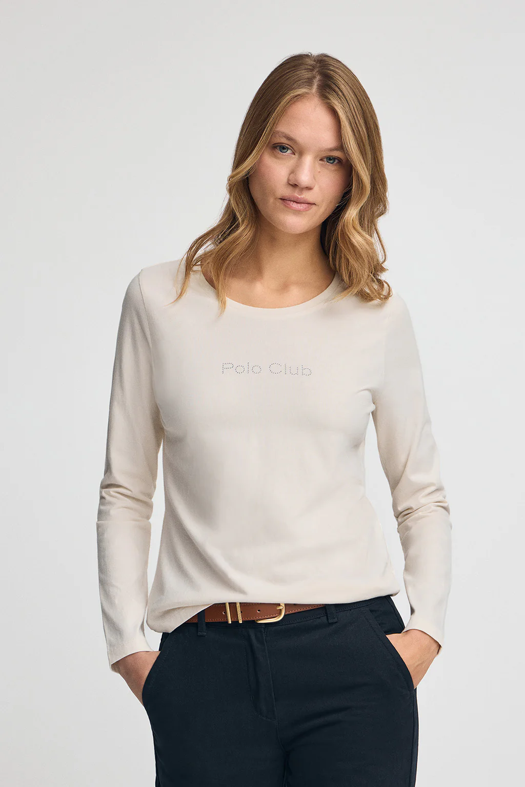 Nude long-sleeve T-shirt with Polo Club rhinestones