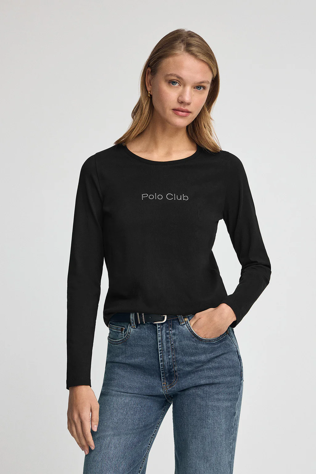 Black long-sleeve T-shirt with Polo Club rhinestones